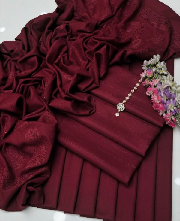 Fall/Winter Elegance: 3Pc Dhanak Velvet Border Shirt & Jacquard Velvet Border Shawl Set - Image 4