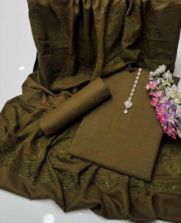 Fall/Winter Elegance: 3Pc Dhanak Velvet Border Shirt & Jacquard Velvet Border Shawl Set - Image 5