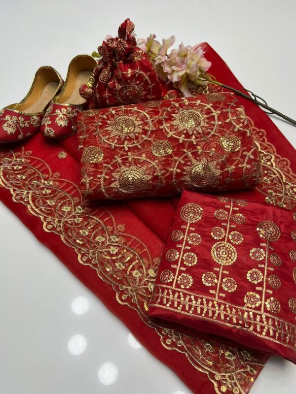 Latest Fancy Collection – Organza Sequence Work Duppata, Shirt & Trouser with Kataan Embroidery, Khussa & Bagyar - Image 5