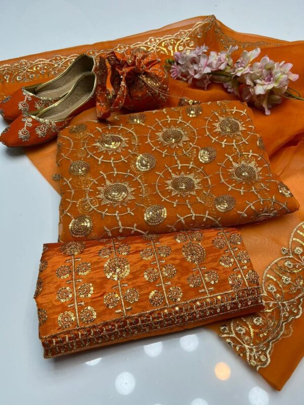 Latest Fancy Collection – Organza Sequence Work Duppata, Shirt & Trouser with Kataan Embroidery, Khussa & Bagyar - Image 4