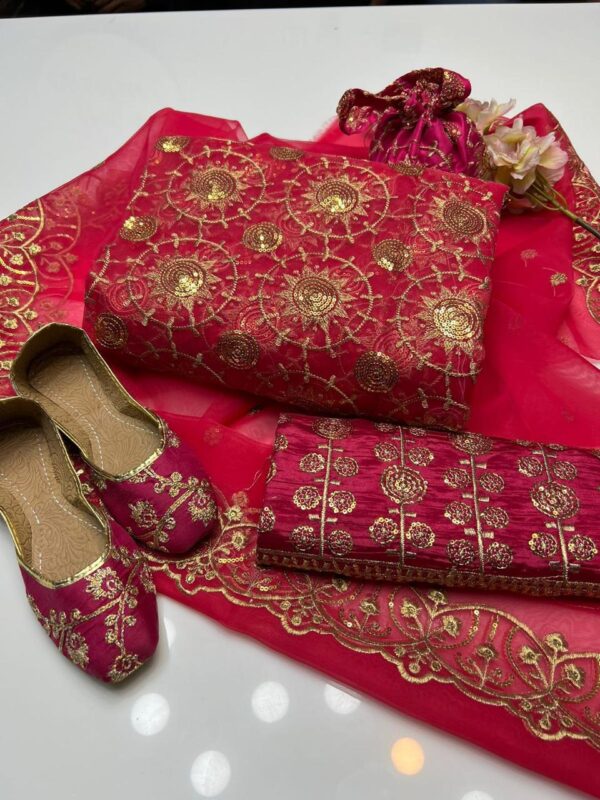 Latest Fancy Collection – Organza Sequence Work Duppata, Shirt & Trouser with Kataan Embroidery, Khussa & Bagyar - Image 3