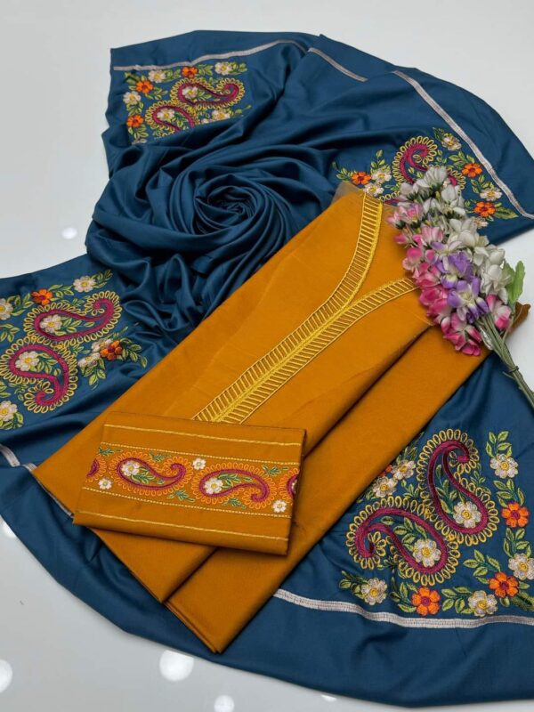 Beautiful New Winter Arrival 2024/25 – Branded 3-Piece Marina Dhanak Dress with Embroidered Shirt, Printed Shawl & Trouser - Image 4