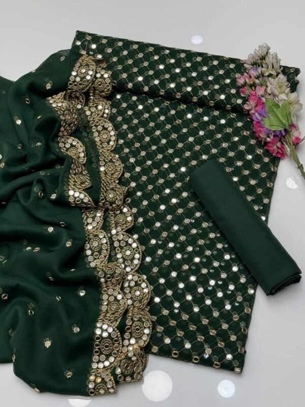 Elegant 3-Piece Shafon Jaal Work Dress – Cutwork Shirt, Work Dupatta & Kattan Silk Trouser - Image 2