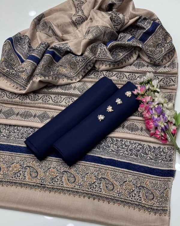 Latest winter arrivals PURE PASHMINA WOOL SHAWLS...  JACQUARD  Border Work Pure Wool Shirt Fabric Shirt And Plain Trouser 3 piece dress - Image 2